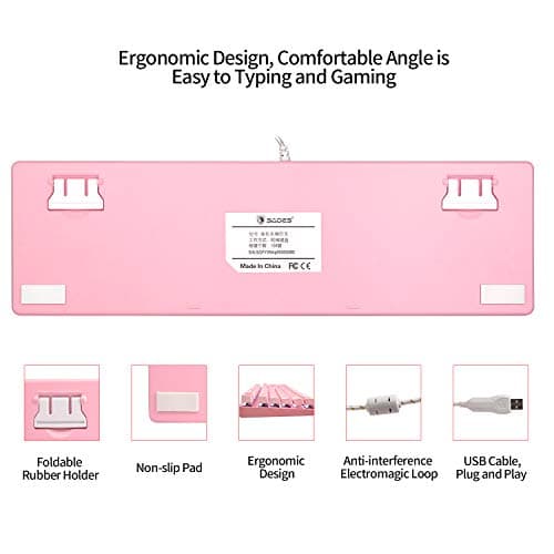 SUPSOO Mechanical Keyboard, USB Wired & Metal Panel, Compact 104 Key Computer Keyboard with Blue Switch and 12 Multimedia Keys for Windows PC Office Gamers, Pink White LED Backlit image