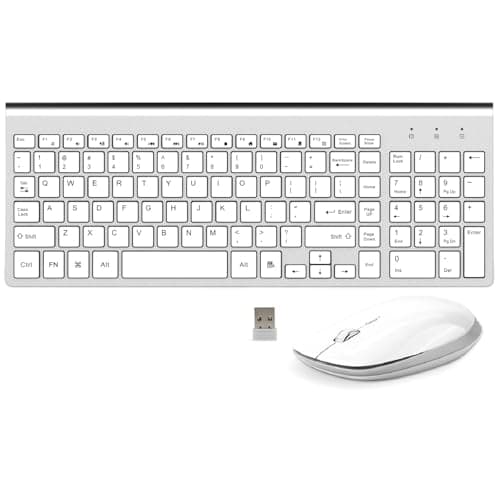 Wireless Keyboard and Mouse, FENIFOX USB Full Size Quiet Compact Compatible with iMac Mac PC Laptop Tablet Computer Windows (Silver White) main image