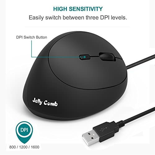 Wired Vertical Mouse, Jelly Comb Small Ergonomic Mouse High Precision Optical Mice with Adjustable Sensitivity 800/1200 /1600 DPI, 6 Buttons, 【 for Small Hands 】 - Black image
