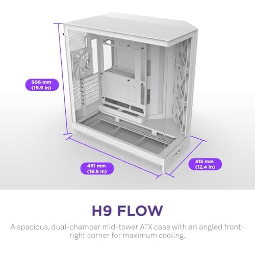 NZXT H9 Flow (2025) ATX Mid Tower White Tempered Glass Side Panel, USB 3.2 Gen 2x2 Type-C, USB 3.2 Gen 1 Type-A image