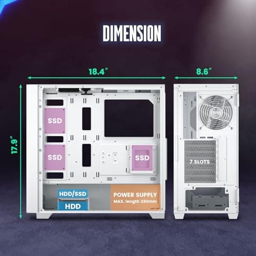Vetroo AL800 ATX Mid Tower White with Tempered Glass Side Panel and USB 3.2 Gen 2 Type-C, USB 3.2 Gen 1 Type-A, USB 2.0 Type-A Front Panel image