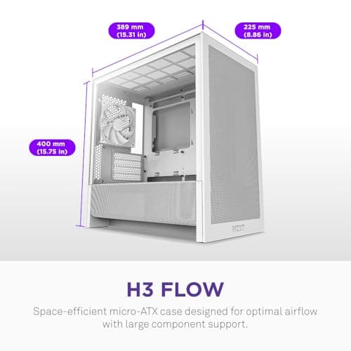 NZXT H3 Flow Micro ATX Mid Tower White Tempered Glass Side Panel and USB 3.2 Gen 2x2 Type-C USB 3.2 Gen 1 Type-A image