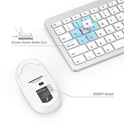Wireless Keyboard and Mouse Combo - Full Size Slim Thin Wireless Keyboard Mouse with Numeric Keypad with On/Off Switch on Both Keyboard and Mouse - White & Silver image