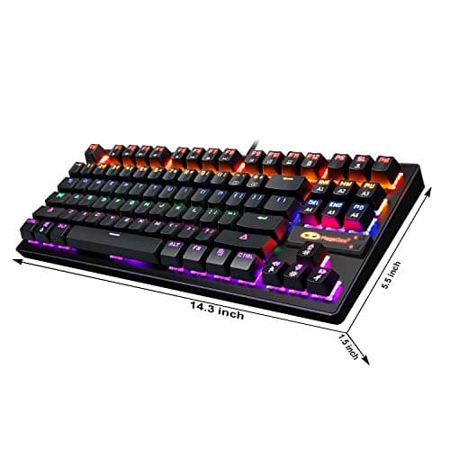 Mechanical Keyboard 87 Keys Small Compact Multicolour LED Backlit - MK1 Wired USB Gaming Keyboard with Blue Switches, 100% Anti-Ghosting, Metal Construction, Water Resistant for Windows PC Laptop Game image