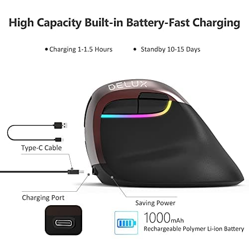 Delux Rechargeable Silent Ergonomic Mouse, Wireless Vertical Mouse with BT 4.0 and Nano Receiver, 6 Buttons and 4 Gear DPI RGB Optical Mice for Laptop PC Computer (M618mini-Jet) image