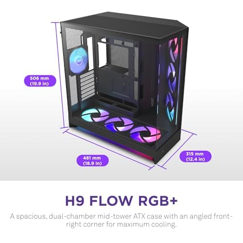 NZXT H9 Flow RGB+ (2025) ATX Mid Tower Black with Tinted Tempered Glass Side Panel and USB 3.2 Gen 2x2 Type-C, USB 3.2 Gen 1 Type-A image