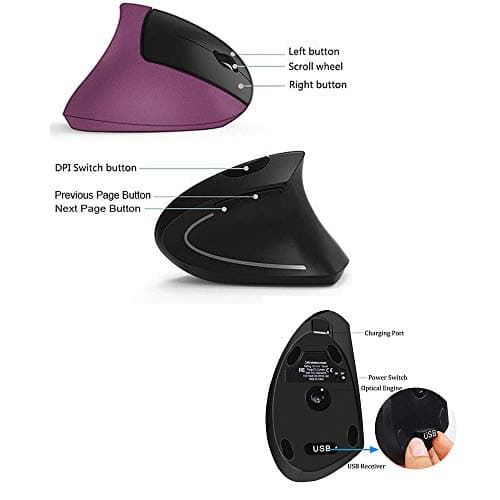Wireless Ergonomic Mouse,Funwaretech 【Rechargeable】 2.4G Vertical Optical Mice,800/1200 /1600 DPI with 6 Buttons for Laptop,Desktop,PC, MacBook - Purple image
