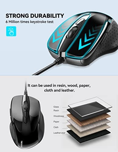 TECKNET 6-Button USB Wired Mouse with Side Buttons, Optical Computer Mouse with 1000/2000DPI, Ergonomic Design, 5ft Cord, Support Laptop Chromebook PC Desktop Mac Notebook-Black image