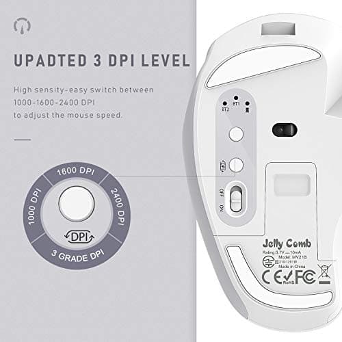 Bluetooth Mouse, Jelly Comb Rechargeable 2.4GHz Bluetooth Ergonomic Wireless Mouse (BT4.0+BT4.0+2.4G) Switch to 3 Devices for Mac OS MacBook Air Windows PC Android Tablet-(White and Silver) image