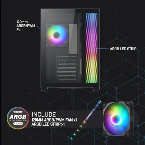 Vetroo AL700 ATX Mid Tower Black with Tempered Glass Side Panel and Front Panel USB 3.2 Gen 2 Type-C, USB 3.2 Gen 1 Type-A, USB 2.0 Type-A image