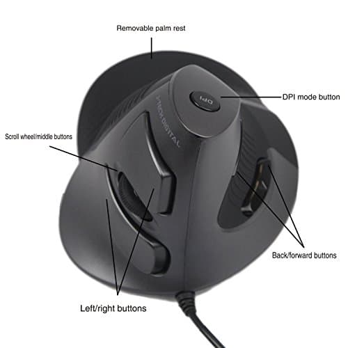 J-Tech Digital Scroll Endurance Wired Mouse Ergonomic Vertical USB Mouse with Adjustable Sensitivity (600/1000/1600 DPI), Removable Palm Rest & Thumb Buttons - Reduces Hand/Wrist Pain (Wired) image