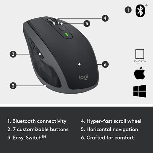 Logitech MX Anywhere 2S Wireless Mouse - Use On Any Surface, Hyper-Fast Scrolling, Rechargeable, Control up to 3 Apple Mac and Windows Computers and laptops (Bluetooth or USB), Graphite image