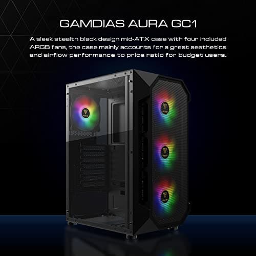 GAMDIAS AURA GC1 ATX Mid Tower Black with Tempered Glass Side Panel and USB 3.2 Gen 1 Type-A, USB 2.0 Type-A image