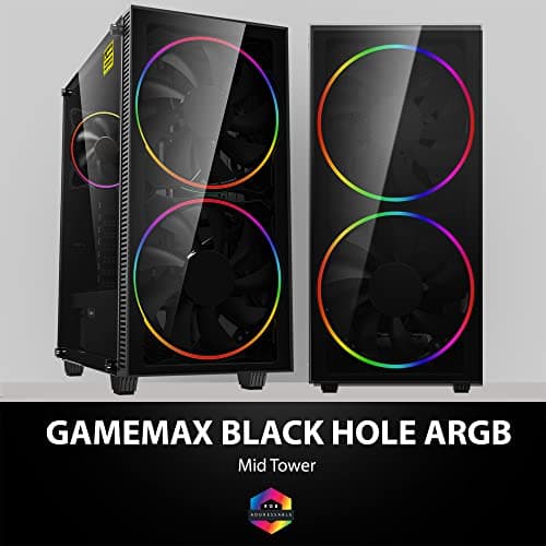 Gamemax Black Hole Black USB3.0 Tempered Glass ATX Mid Tower Gaming Computer Case w/2 x 200mm ARGB Ring Fan x Front and 1 x 120mm ARGB Ring Fan x Rear (Pre-Installed) image