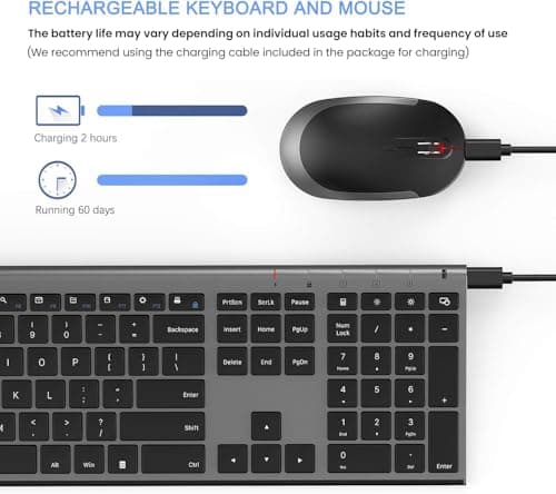 Wireless Keyboard and Mouse, Vssoplor 2.4GHz Rechargeable Compact Quiet Full-Size Keyboard and Mouse Combo with Nano USB Receiver for Windows, Laptop, PC, Notebook-Dark Gray image