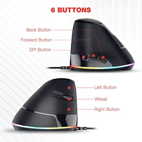 Havit Ergonomic Vertical Mouse RGB Backlit Wired Computer Mice 6 Adjustable DPI(800-1600-2400-3200-4800-6400) 6 Buttons for Laptop PC Desktop, Notebook image