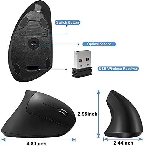 Vertical Wireless Mouse Rechargeable Ergonomic Mouse 2.4GHz Vertical Optical Mouse, Adjustable DPI 800/1200 /1600, 6 Buttons, Provides Better Performance for PC, Desktop, Laptop and MacBook, Black image
