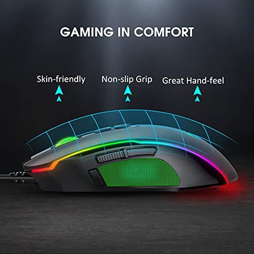 PICTEK Gaming Mouse Wired, 8 Programmable Buttons, Chroma RGB Backlit, 7200 DPI Adjustable, Comfortable Grip Ergonomic Optical PC Computer Gaming Mice with Fire Button, Black (Upgraded Version) image