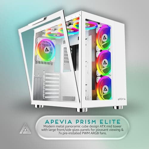 Apevia Prism Elite ATX Mid Tower White Tempered Glass Side Panel, USB 3.2 Gen 1 Type-A, USB 2.0 Type-A image