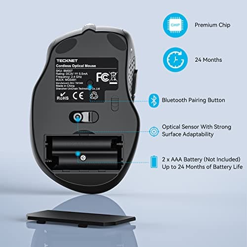 TeckNet 2600DPI Bluetooth Wireless Mouse, 12 Months Battery Life with Battery Indicator, 2600/2000/1600/1200/800DPI image