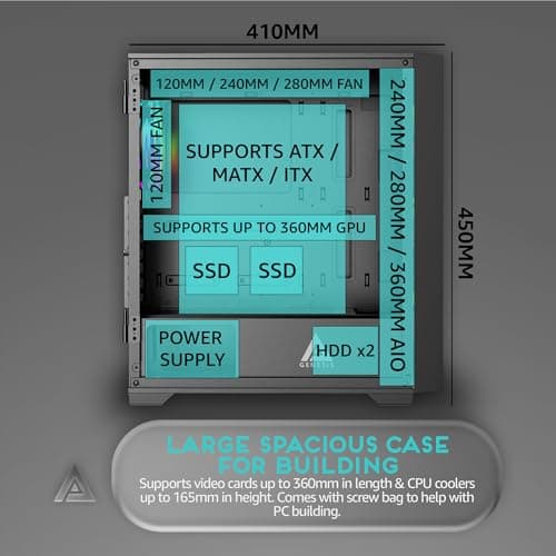 Apevia Genesis-BK ATX Mid Tower Black with Tempered Glass Side Panel and USB 3.2 Gen 1 Type-A, USB 2.0 Type-A Front Panel image