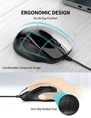 TECKNET 6-Button USB Wired Mouse with Side Buttons, Optical Computer Mouse with 1000/2000DPI, Ergonomic Design, 5ft Cord, Support Laptop Chromebook PC Desktop Mac Notebook-Black image