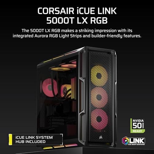 Corsair iCUE 5000T LX RGB ATX Mid Tower Black with Tempered Glass Side Panel and USB 3.2 Gen 2 Type-C, USB 3.2 Gen 1 Type-A image
