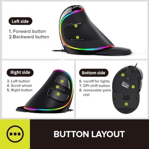 Delux Ergonomic Vertical Mouse, Wired Optical Mouse with RGB Lighting, 6 Buttons, Removable Wrist Rest, 5 Adjustable DPI (800-1200-1600-2400-4000 DPI) for Laptop PC Computer (M618Plus RGB-Black) image