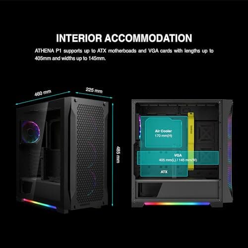 GAMDIAS ATHENA P1 ATX Mid Tower Black with Tempered Glass Side Panel and USB 3.2 Gen 1 Type-C, USB 3.2 Gen 1 Type-A, USB 2.0 Type-A image