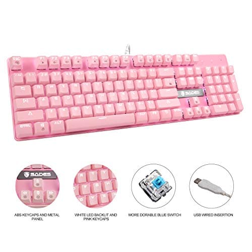 SUPSOO Mechanical Keyboard, USB Wired & Metal Panel, Compact 104 Key Computer Keyboard with Blue Switch and 12 Multimedia Keys for Windows PC Office Gamers, Pink White LED Backlit image