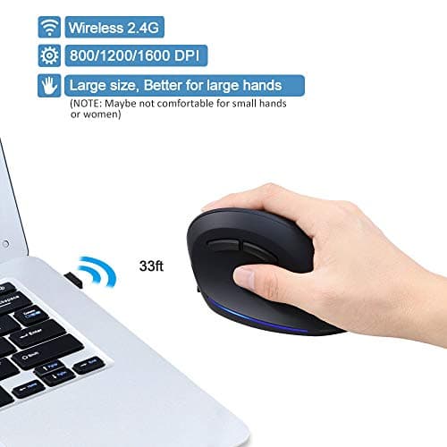 AUTLEY Wireless Vertical Mouse, 2.4G Optical Wireless Silent Ergonomic Mouse for Large Hands, for Laptop, Computer, Desktop, with Adjustable 800/1200/1600 DPI (Silent Click) image