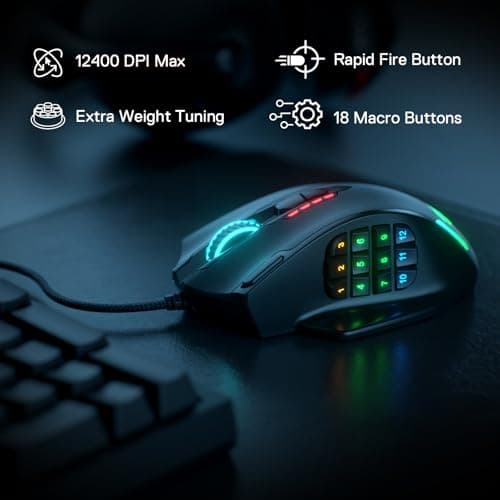 Redragon M908 Impact RGB LED MMO Mouse with Side Buttons Laser Wired Gaming Mouse with 12,400DPI, High Precision, 19 Programmable Mouse Buttons image