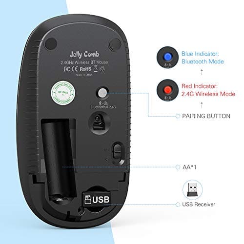 Bluetooth Mouse, Jelly Comb MS003 Slim Dual Mode(Bluetooth 4.0 + USB) 2.4GHz Wireless Bluetooth Mouse for Laptop, iPad, MacBook, PC- For Windows 8.0/ MacOS 10.10/ iPad OS 13/ Android 4.3 or Above image