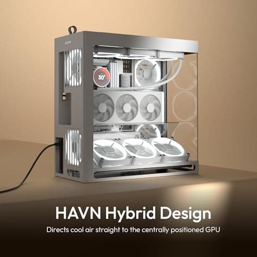 HAVN HS420 VGPU ATX Mid Tower White Tempered Glass Side Panel, USB 3.2 Gen 2 Type-C and USB 3.2 Gen 1 Type-A image