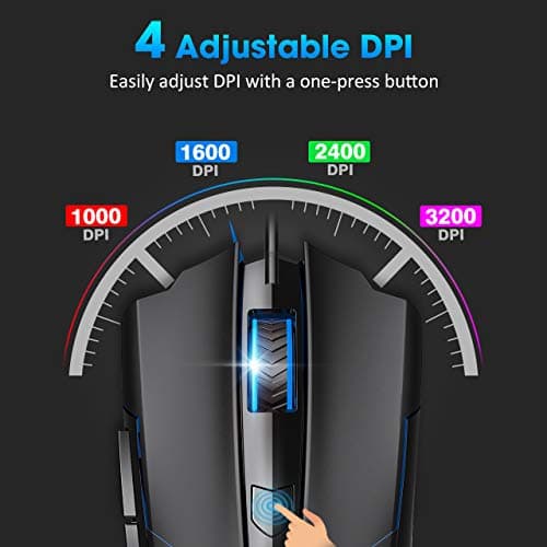 PICTEK Gaming Mouse, Entry-level Ergonomic Optical Computer Mouse for Game & Daily, 800-2400 DPI Adjustable USB Mouse Auto Breathing Wired Mouse for PC Desktop Windows 7/8/10/XP, Vista and Mac, Black image