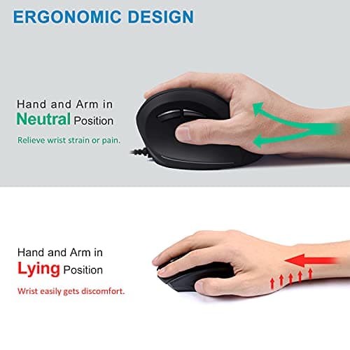Wired Ergonomic Mouse, AUTLEY Vertical Mouse USB Wired Mouse for Laptop Desktop Computer Mac, 1000/1600/2400/3200 DPI, Better for Large Hands, Black image