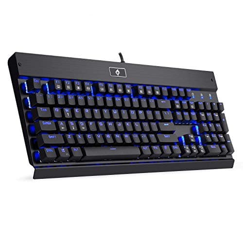Eagletec KG010 Mechanical Keyboard Blue Switches 104 Lighted Keys Natural Ergonomic Aluminum Design for Windows PC Office and Gaming (Black Keyboard Blue LED Backlit) image