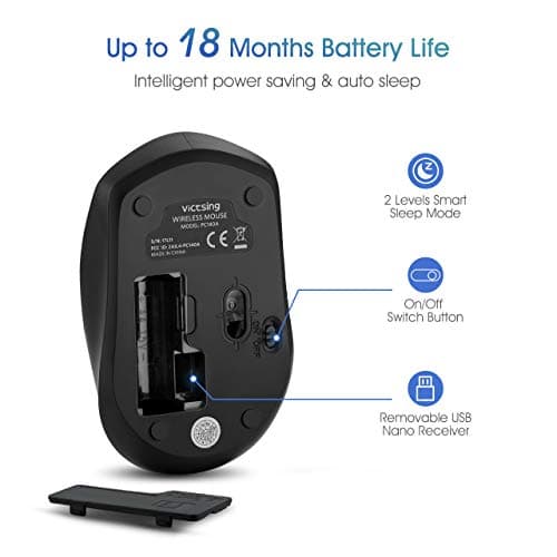 VicTsing Wireless Mouse for Laptop, Portable Ergonomic Mouse- Match Your Hand Better, 3 Adjustable DPI Levels, Power On-Off Switch, Up to 18 Months Battery Life, USB Computer Mouse for both Hand-Black image