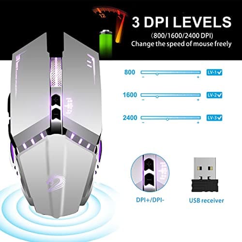 TENMOS T12 Wireless Gaming Mouse Rechargeable, 2.4G Silent Optical Wireless Computer Mice with Changeable LED Light Compatible with Laptop PC, 7 Buttons, 3 Adjustable DPI (Silver) image