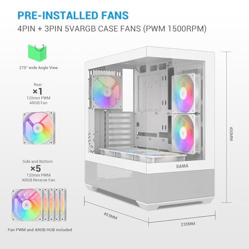 SAMA V40 ATX Mid Tower White with Tempered Glass Side Panel and USB 3.2 Gen 2 Type-C, USB 3.2 Gen 1 Type-A image