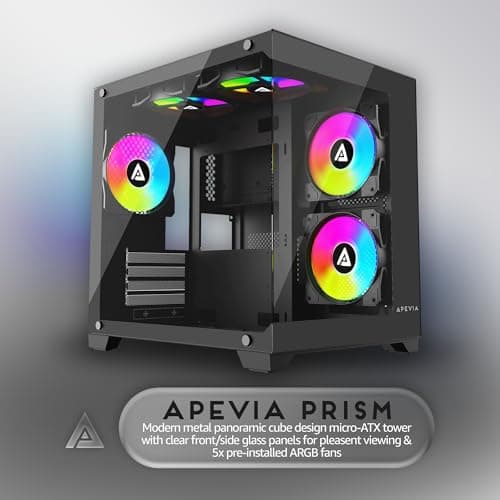 Apevia PRISM Micro ATX Mid Tower Black with Tempered Glass Side Panel and USB 3.2 Gen 1 Type-A, USB 2.0 Type-A image