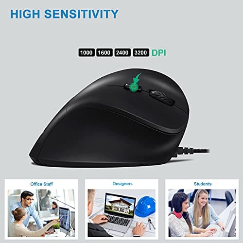 Wired Ergonomic Mouse, AUTLEY Vertical Mouse USB Wired Mouse for Laptop Desktop Computer Mac, 1000/1600/2400/3200 DPI, Better for Large Hands, Black image