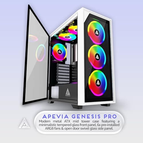 Apevia Genesis Pro ATX Mid Tower White Tempered Glass Side Panel, USB 3.2 Gen 1 Type-C and USB 2.0 Type-A Front Panel image
