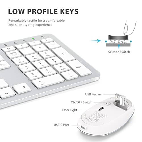 iClever Wireless Keyboard and Mouse - Rechargeable Wireless Keyboard Ergonomic Full Size Design with Number Pad, 2.4G Stable Connection Slim White Keyboard and Mouse for Windows, Mac OS Computer image