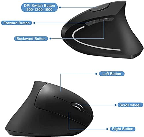 Vertical Wireless Mouse Rechargeable Ergonomic Mouse 2.4GHz Vertical Optical Mouse, Adjustable DPI 800/1200 /1600, 6 Buttons, Provides Better Performance for PC, Desktop, Laptop and MacBook, Black image