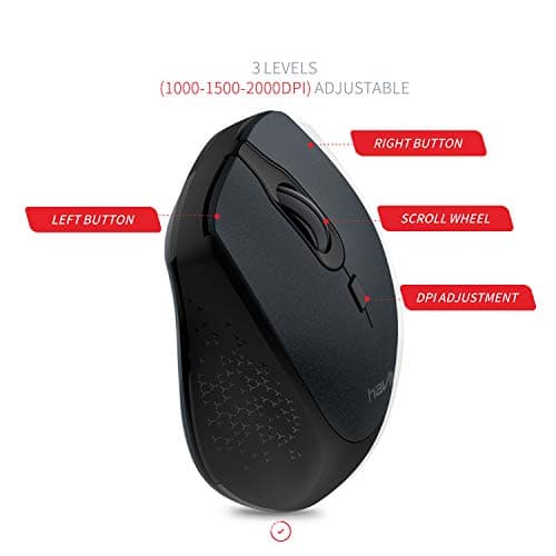 Havit 2.4G Wireless Mouse 2000DPI Optical Mini Portable Mobile with USB Receiver, 3 Adjustable DPI Levels, 4 Buttons for Notebook, PC, Laptop, Computer, MacBook (Black) image