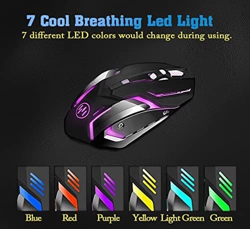 Wireless Gaming Mouse, Scettar Rechargeable Computer Gaming Mouse Unique Silent Click, 7 Breathing Led Light, 3 Adjustable DPI,Iron Plate, Power Saving Mode Wireless Mouse for Laptop/PC/Notebook image