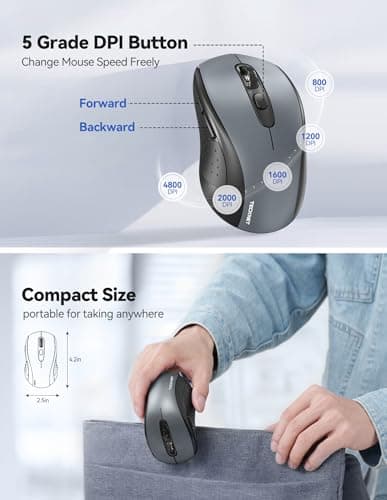 Wireless Mouse TeckNet 2.4G Optical Mouse with USB Nano Receiver for Notebook, PC, Laptop, Computer, 18 Month Battery Life, 3 Adjustable DPI Levels: 2000/1500/1000 DPI (Grey) image