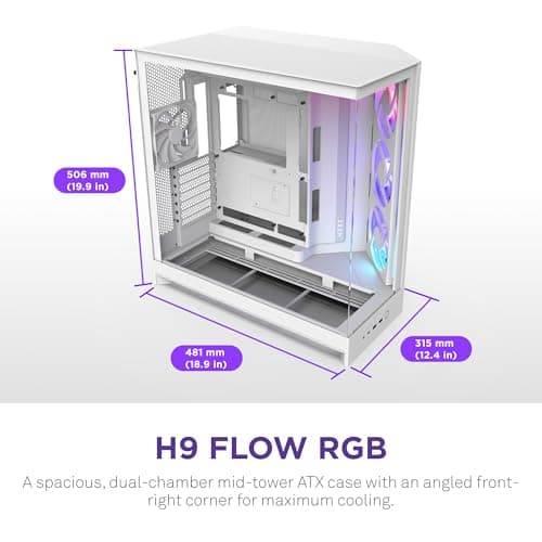 NZXT H9 Flow RGB (2025) ATX Mid Tower White with Tempered Glass Side Panel and USB 3.2 Gen 2x2 Type-C USB 3.2 Gen 1 Type-A Front Panel image