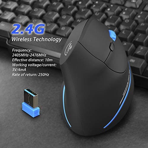 ZLOT Vertical Wireless Mouse,2.4G USB Optical Ergonomic Mice with 3 Adjustable DPI 1000/1600/2400 and 6 Buttons for Laptop, PC, Computer, Desktop, Black image